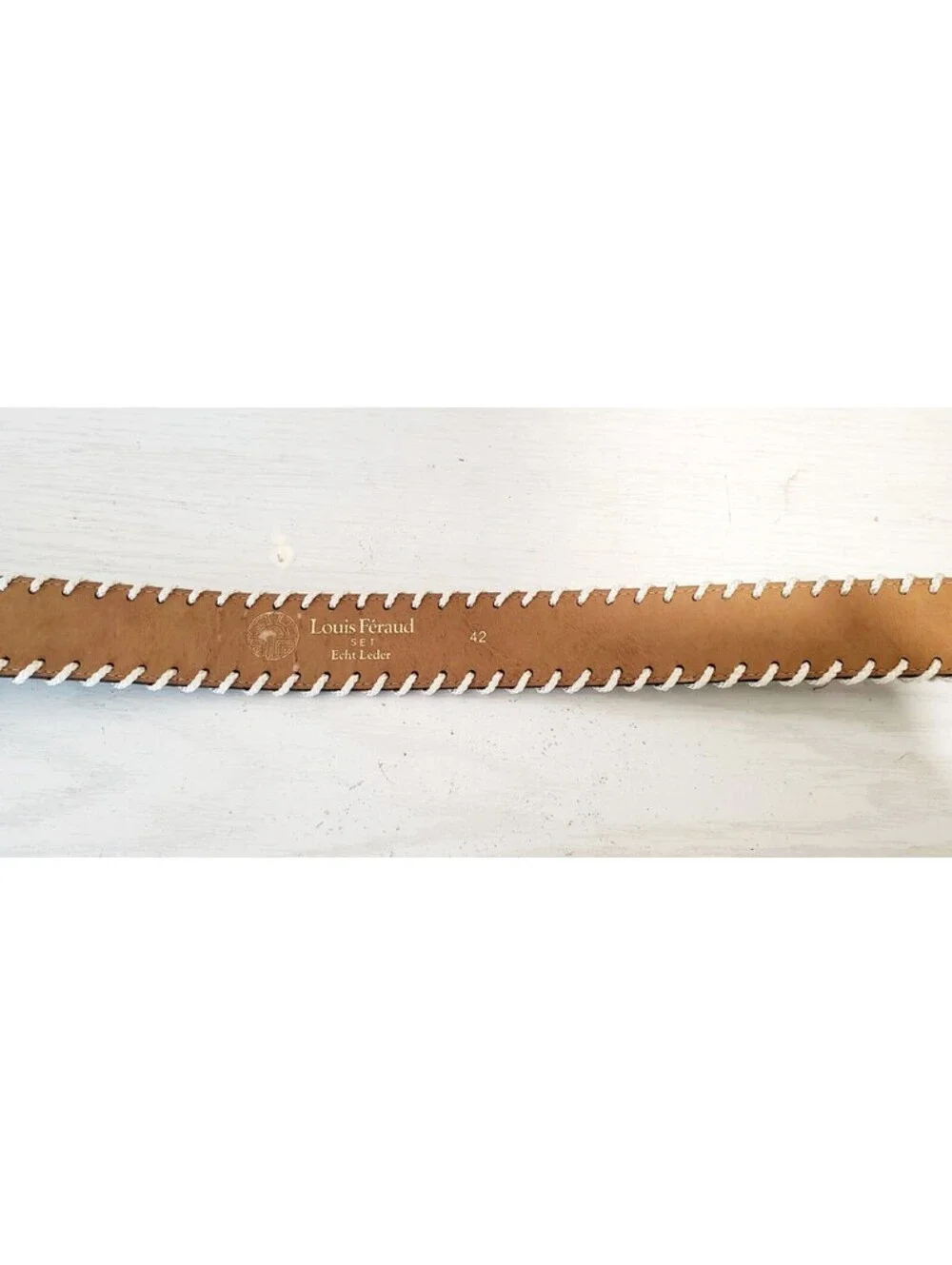 LOUIS FERAUD Green Leather Belt Beige Whipstitch Paris France Golden Buckle